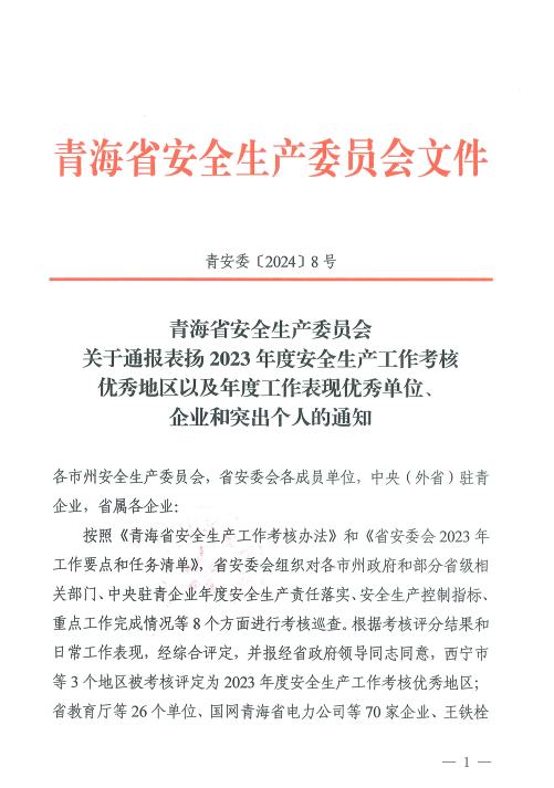 喜報！2023年度安全生產(chǎn)工作優(yōu)秀企業(yè)和突出個人名單揭曉！